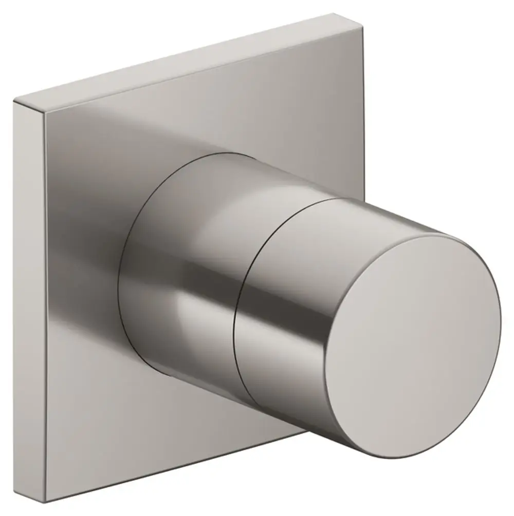 Keuco 2-Wege Umstellventil in eckigem Design mit Edelstahl-Finish. Es zeigt eine runde Betätigung mit einer quadratischen Wandplatte.
